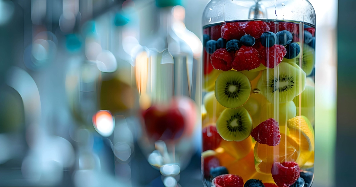 A clear IV bag with colorful fruit slices, suspended in a softly lit lab setting, representing IV Hydration in Kent, WA.